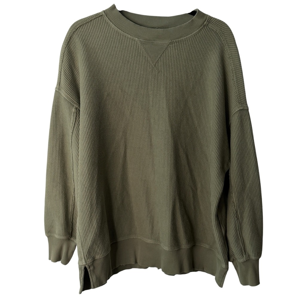 Aerie Womens‎ Small Olive Green Ribbed Waffle Knit Oversized Pullover Sweatshirt